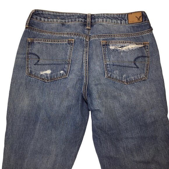 American Eagle Boy Crop Jeans Size 6 Regular Distressed Blue Denim Button Fly - Picture 6 of 8
